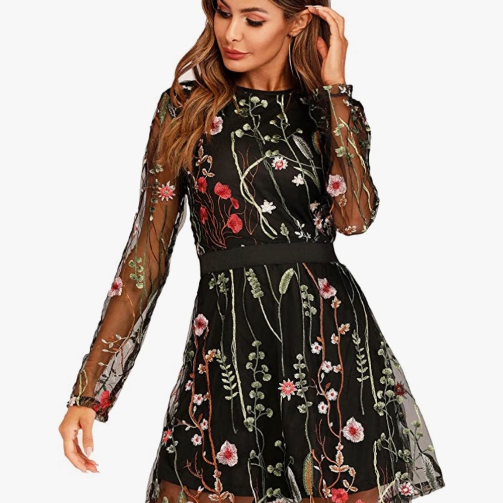 Black mesh embroidered floral dress